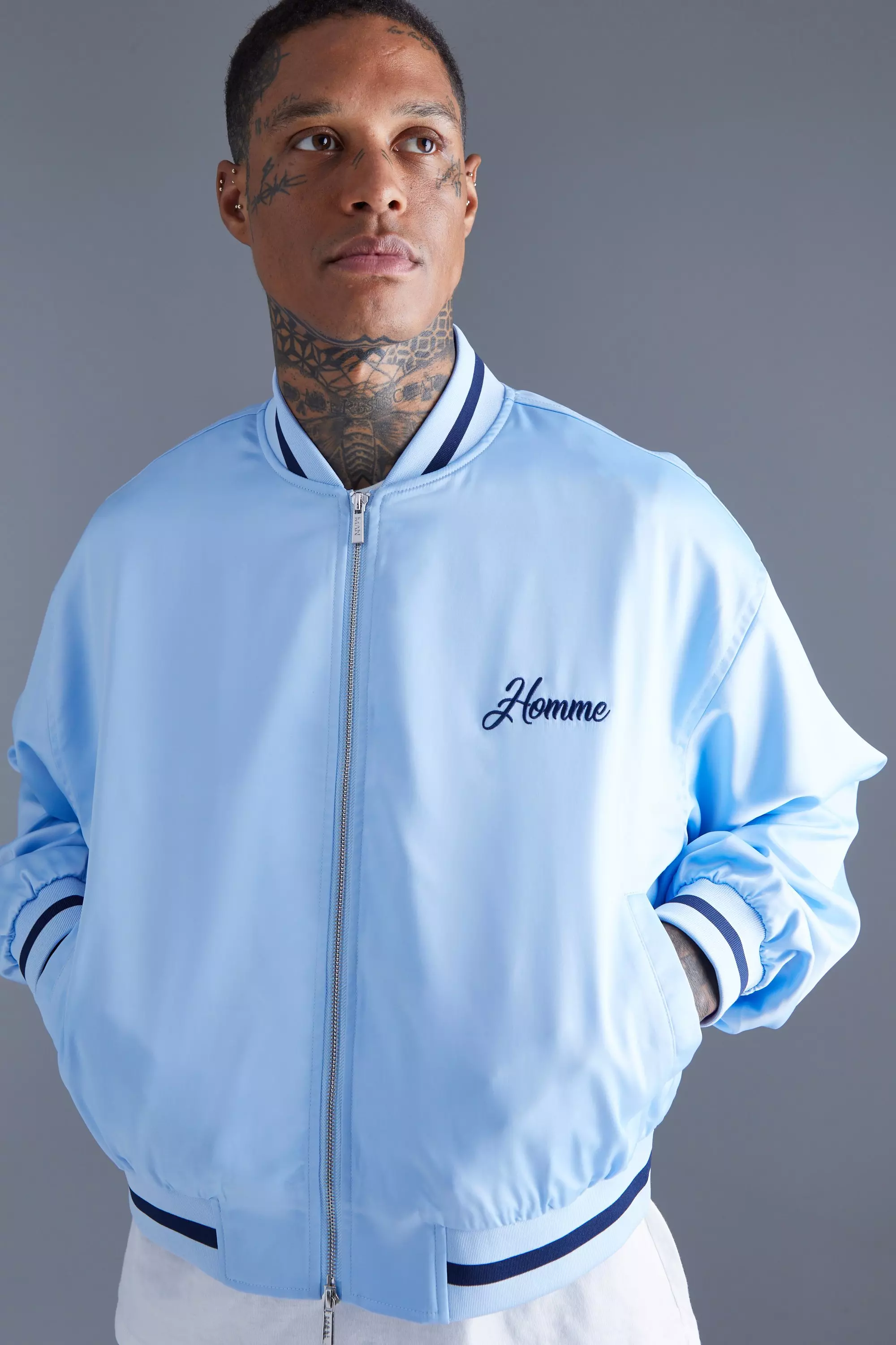 Light blue store satin bomber jacket